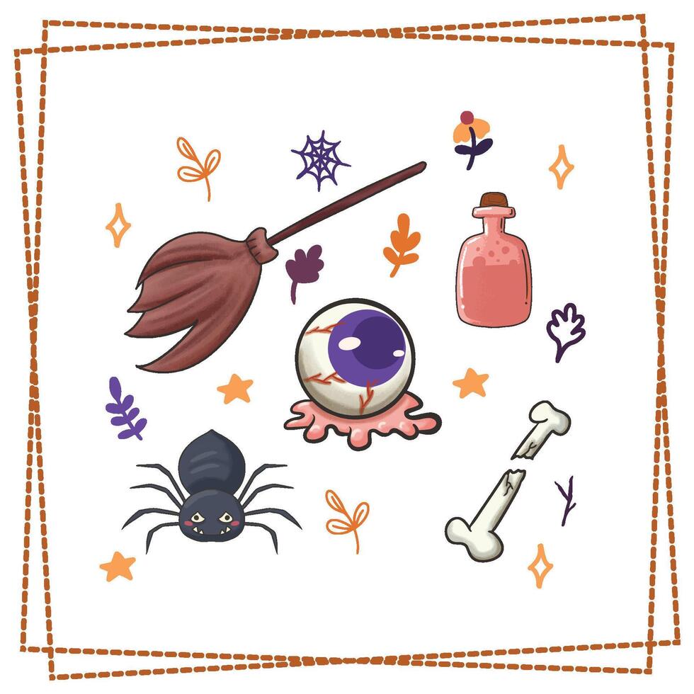 Halloween Party sticker set greetings card design spooky scary cute poison bone skull eyes vector