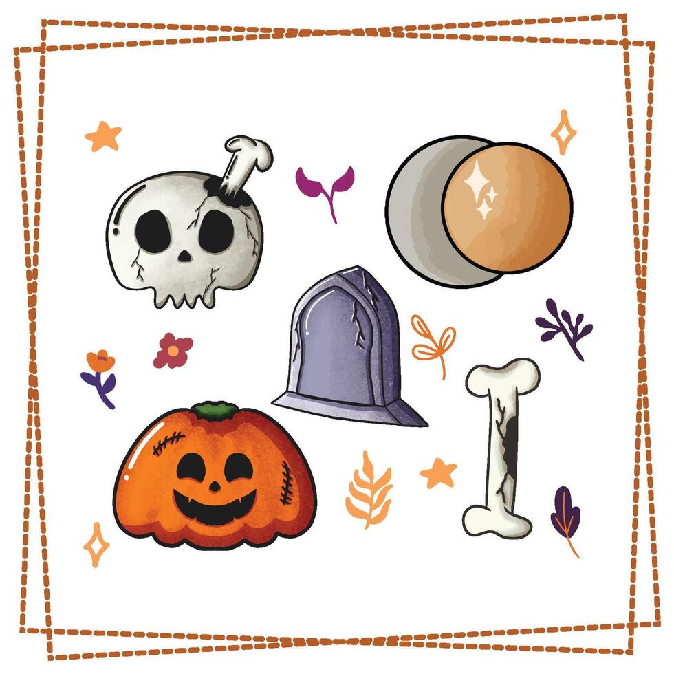 Halloween Party sticker set greetings card design spooky scary cute skull pumkin bone skull moon vector