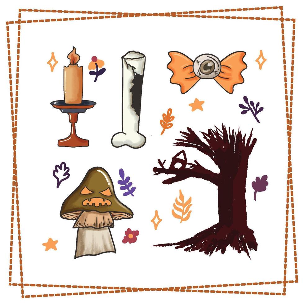 Halloween Party sticker set greetings card design spooky scary cute candy tree skull vector