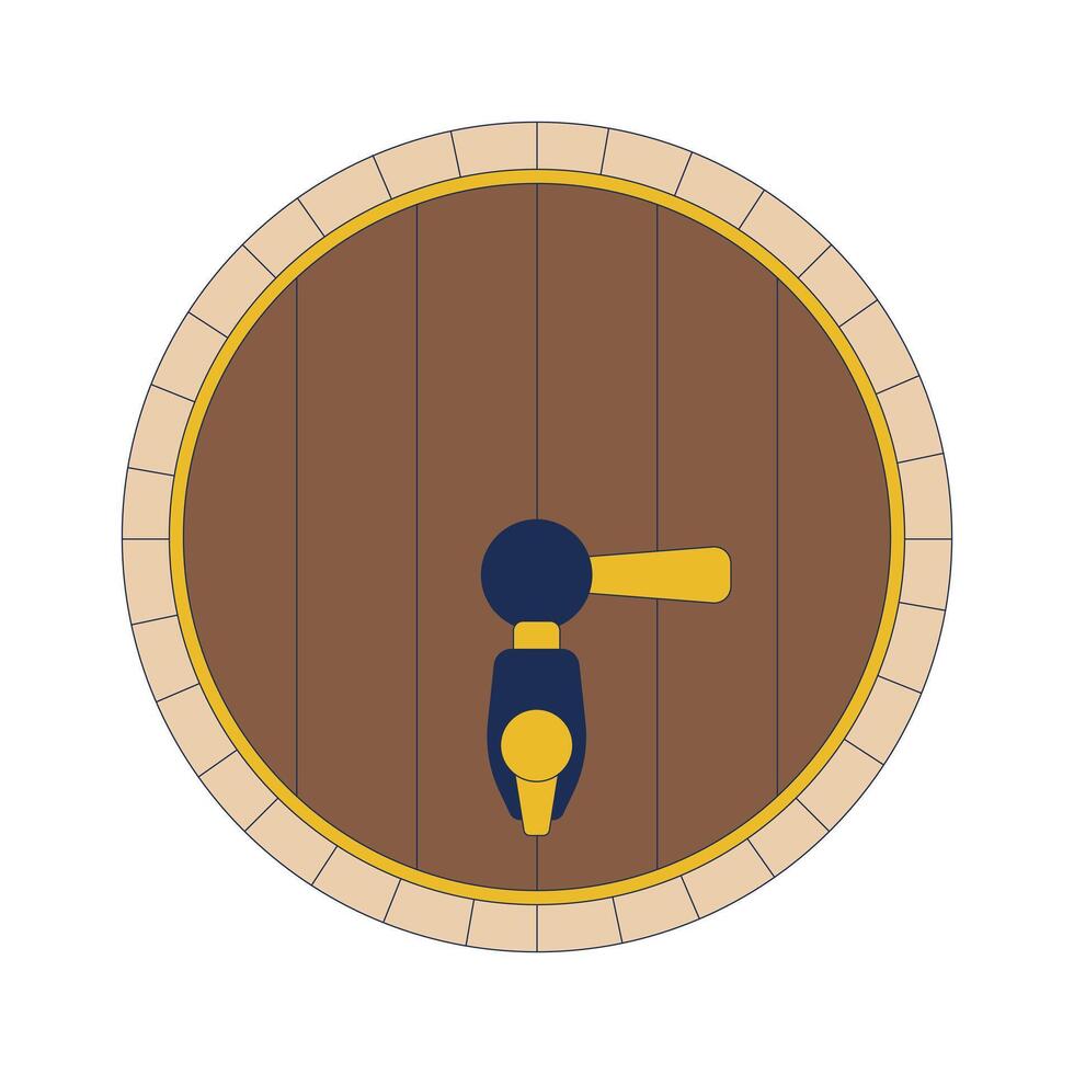Old liquor barrel with tap 2D cartoon object. Wine container. Vintage wooden cask for expensive alcohol drinks storing isolated element flat clipart on white background. Spot illustration vector