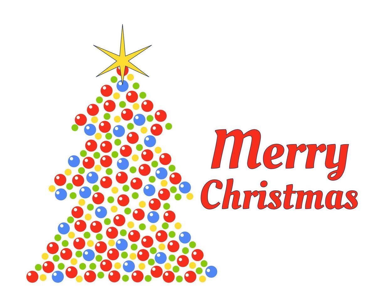 Xmas tree baubles with Merry Christmas greeting 2D illustration concept. Festive ornaments fir tree with star cartoon postcard isolated on white. Christmastime metaphor abstract flat graphic vector
