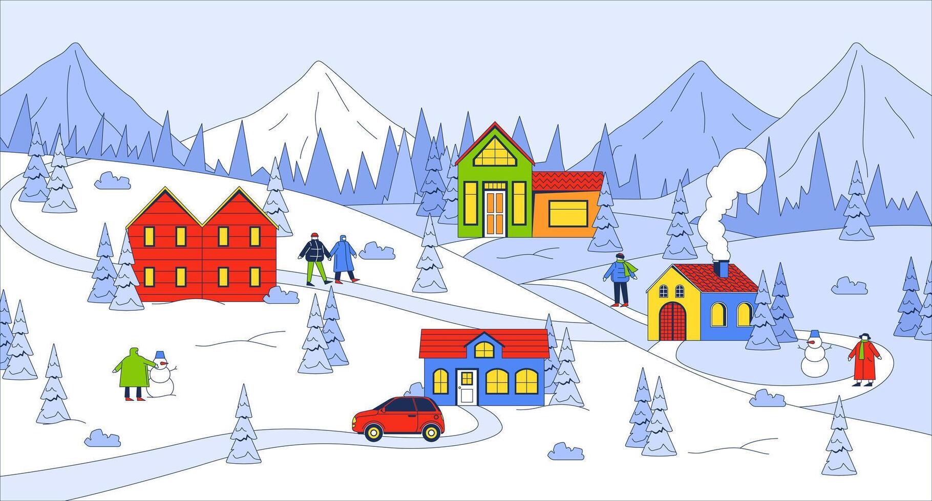 Cozy winter town in snowy mountains woods cartoon animation. Wintry destination for vacation in Christmas village 4K 2D motion graphic. Townsfolk animated characters on wintertime background vector