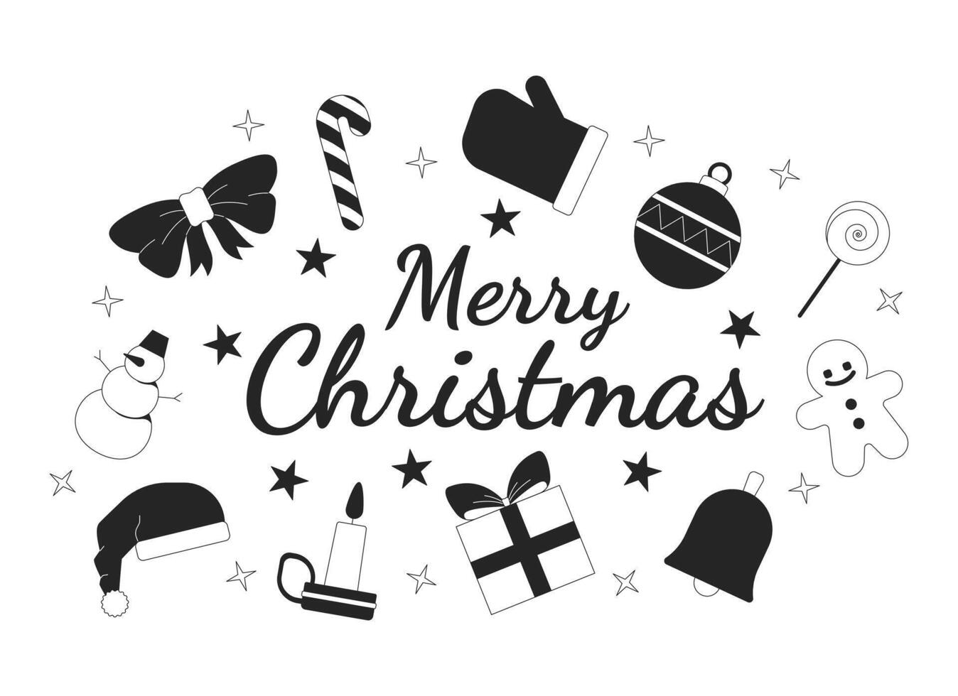 Congratulations Merry Christmas black and white 2D illustration concept. Xmas ornaments Yuletide adornments outline postcard isolated. Gift, candle, Santa hat, candies metaphor monochrome art vector