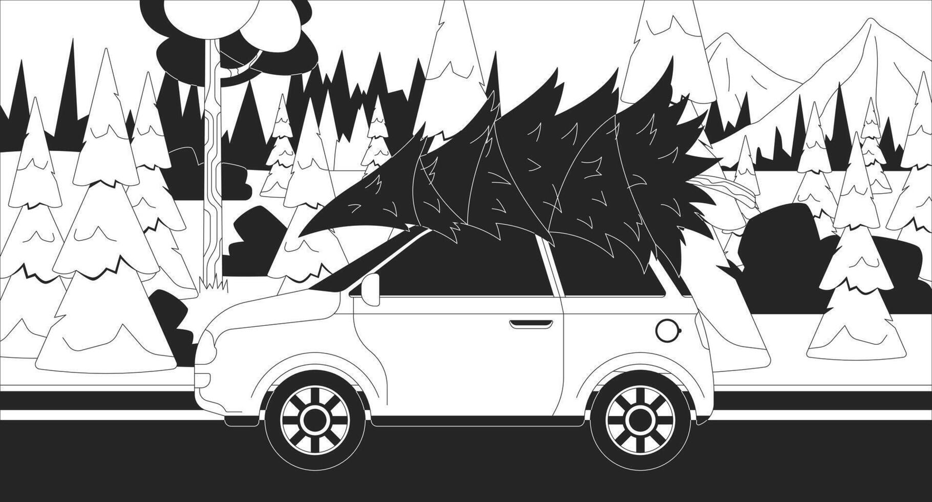 Carrying Christmas tree on car black and white line illustration. Transporting fir spruce on automobile roof 2D object monochrome background. Auto riding through winter woods outline image vector