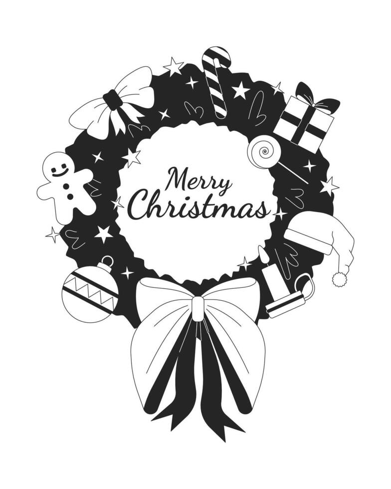 Wreath Merry Christmas greeting black and white 2D illustration concept. Xmas fir garland round pine branches festive outline postcard isolated. Winter holiday tradition metaphor monochrome art vector