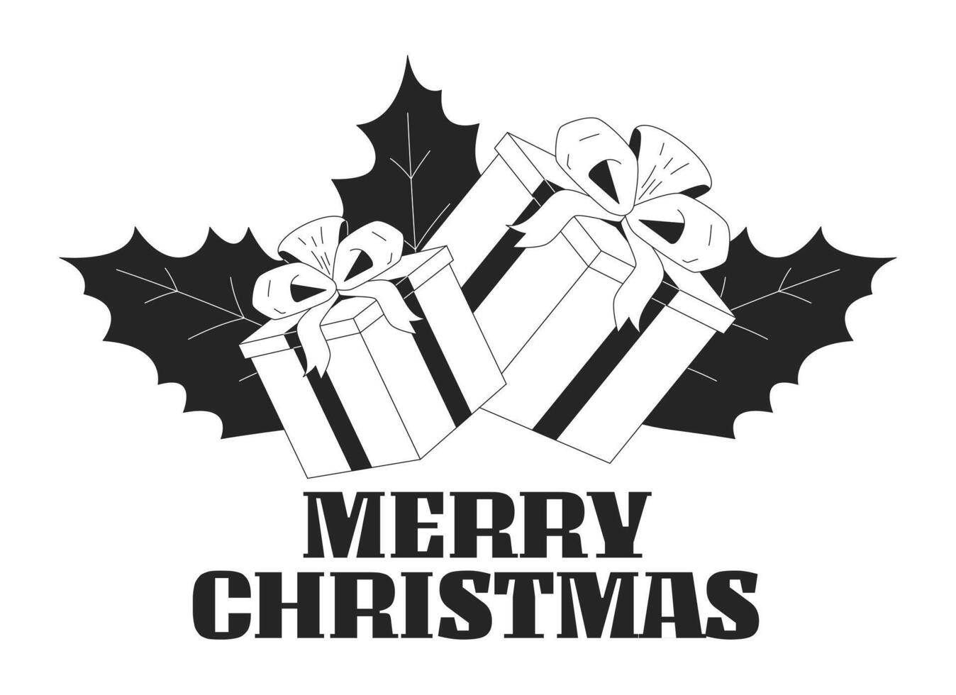 Gifts Merry Christmas greeting black and white 2D illustration concept. Bow ribbon giftboxes holly leaves outline postcard isolated. Xmas presents. Yuletide celebration metaphor monochrome art vector