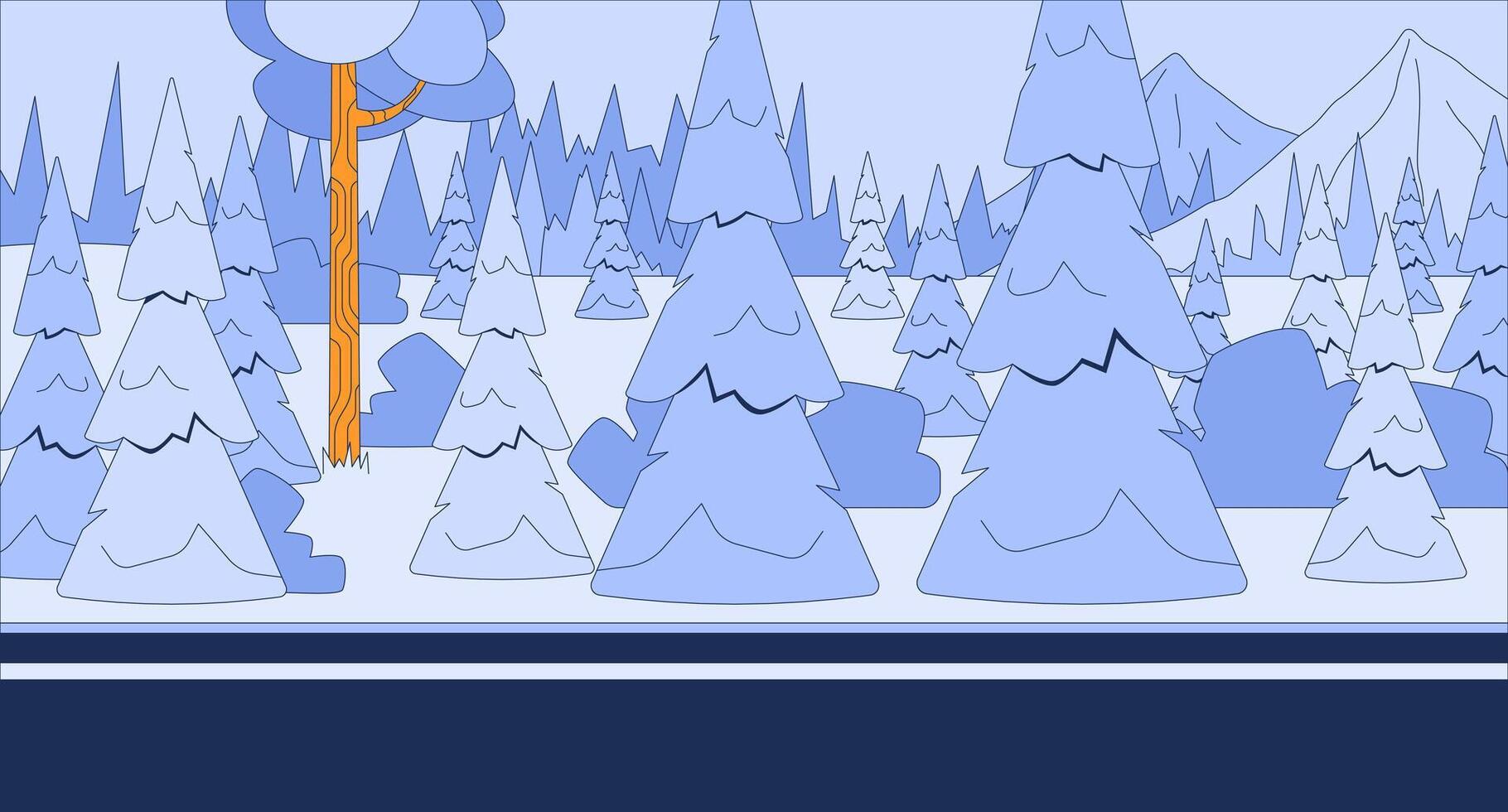Highway road through snowy woods flat illustration. Mountains snow capped spruces roadside 2D landscape cartoon background. Winter forest evergreens. February wintertime fir trees scene image vector
