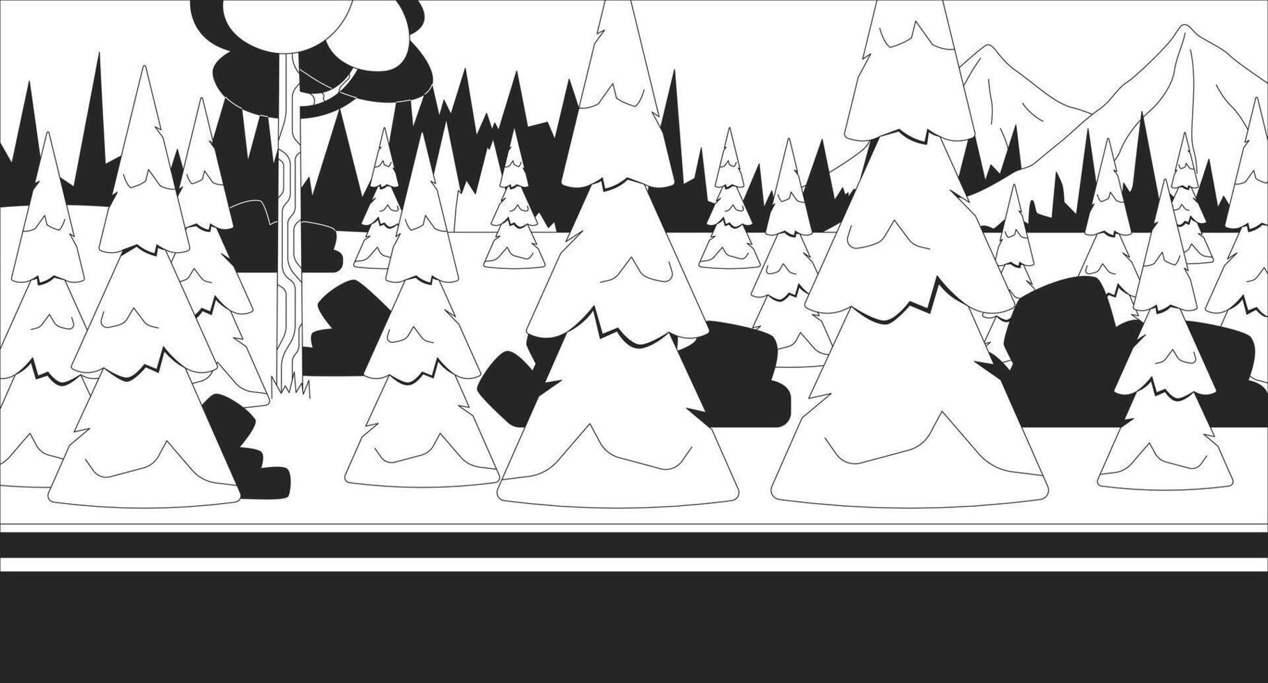 Highway road through snowy woods black and white line illustration. Mountains snow capped spruces roadside 2D landscape monochrome backdrop. Winter forest. Wintertime fir trees scene image vector