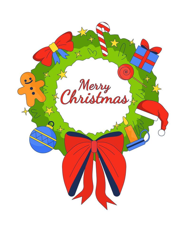 Wreath Merry Christmas greeting 2D animation. Winter holiday tradition 4K motion graphic. Xmas fir garland round pine branches festive animated postcard cartoon flat concept, white background vector