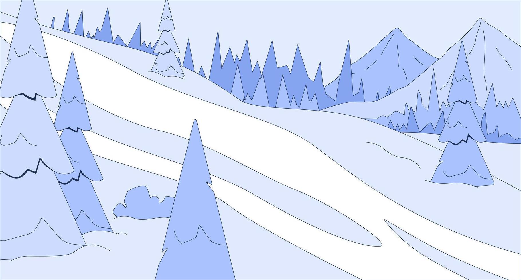Snow covered hill slope flat illustration. Woods mountain peak ski resort 2D landscape cartoon background. Snowy hillside with snowcapped spruces fir trees. Woodland frozen scene image vector