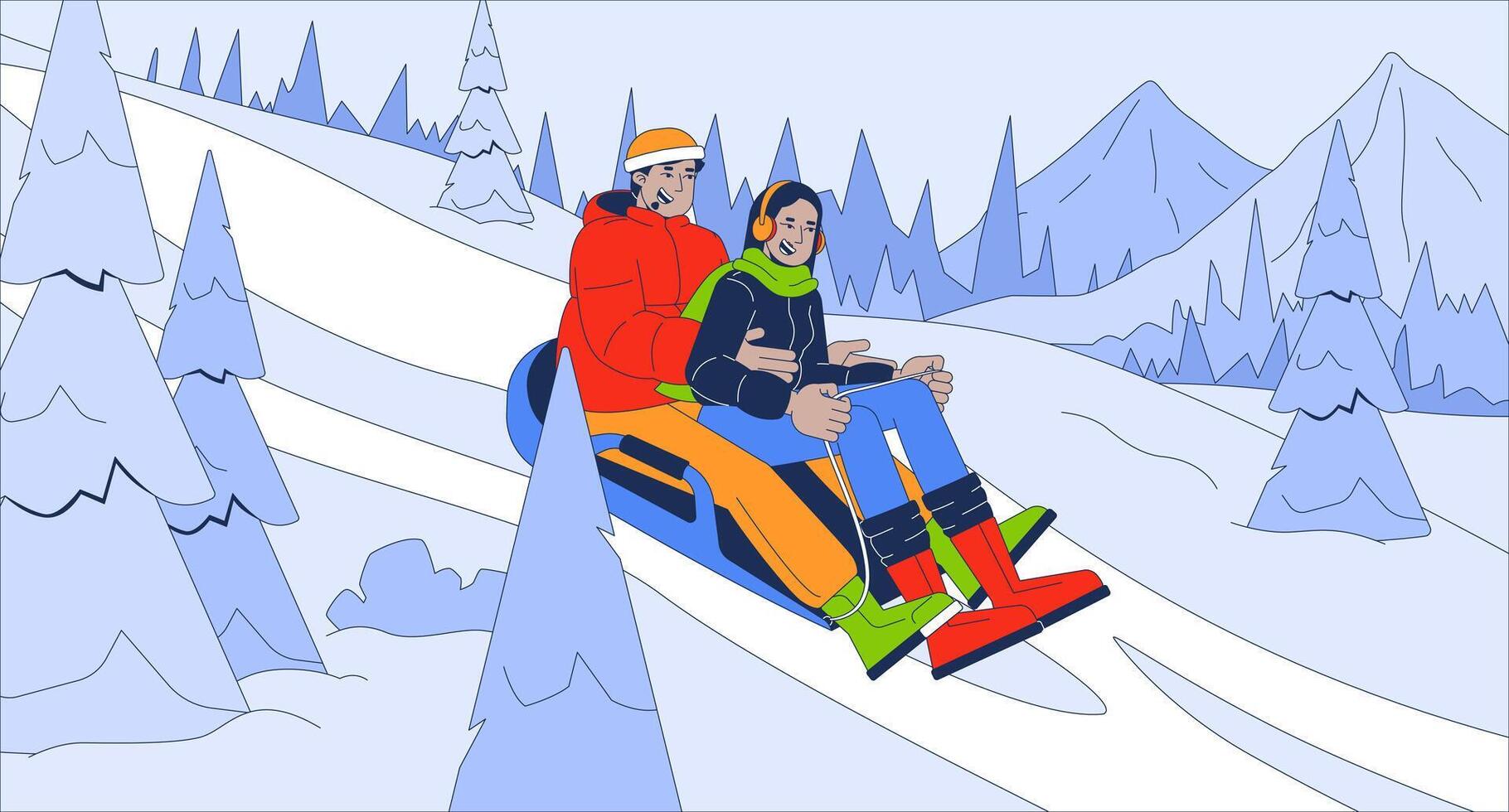 Sledding people on snowy mountain slope flat illustration. Middle eastern couple in puffers riding on sled 2D characters cartoon background. Outdoor winter activity scene storytelling image vector