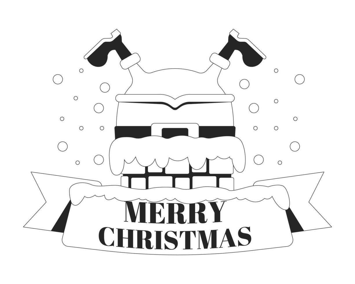 Stuck Santa upside down chimney greeting Merry Christmas black and white 2D illustration concept. Humorous santaclaus greetingcard outline postcard isolated. Funny Xmas metaphor monochrome art vector