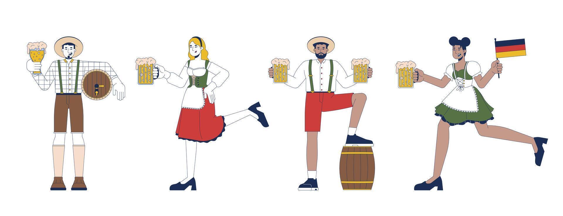 Multicultural adults celebrating oktoberfest 2D cartoon characters set. Young men and women enjoying beer feast isolated people flat on white background. Spot illustrations collection vector