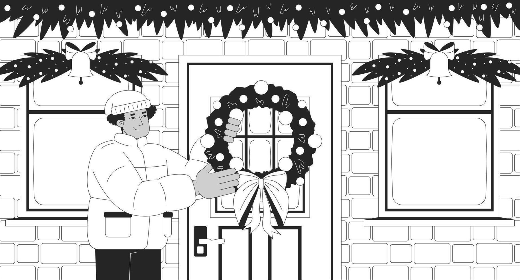 Hanging Christmas wreath on front door black and white line illustration. Santa hat man decorating frontdoor xmas with garlands 2D character monochrome background. Yuletide eve outline image vector