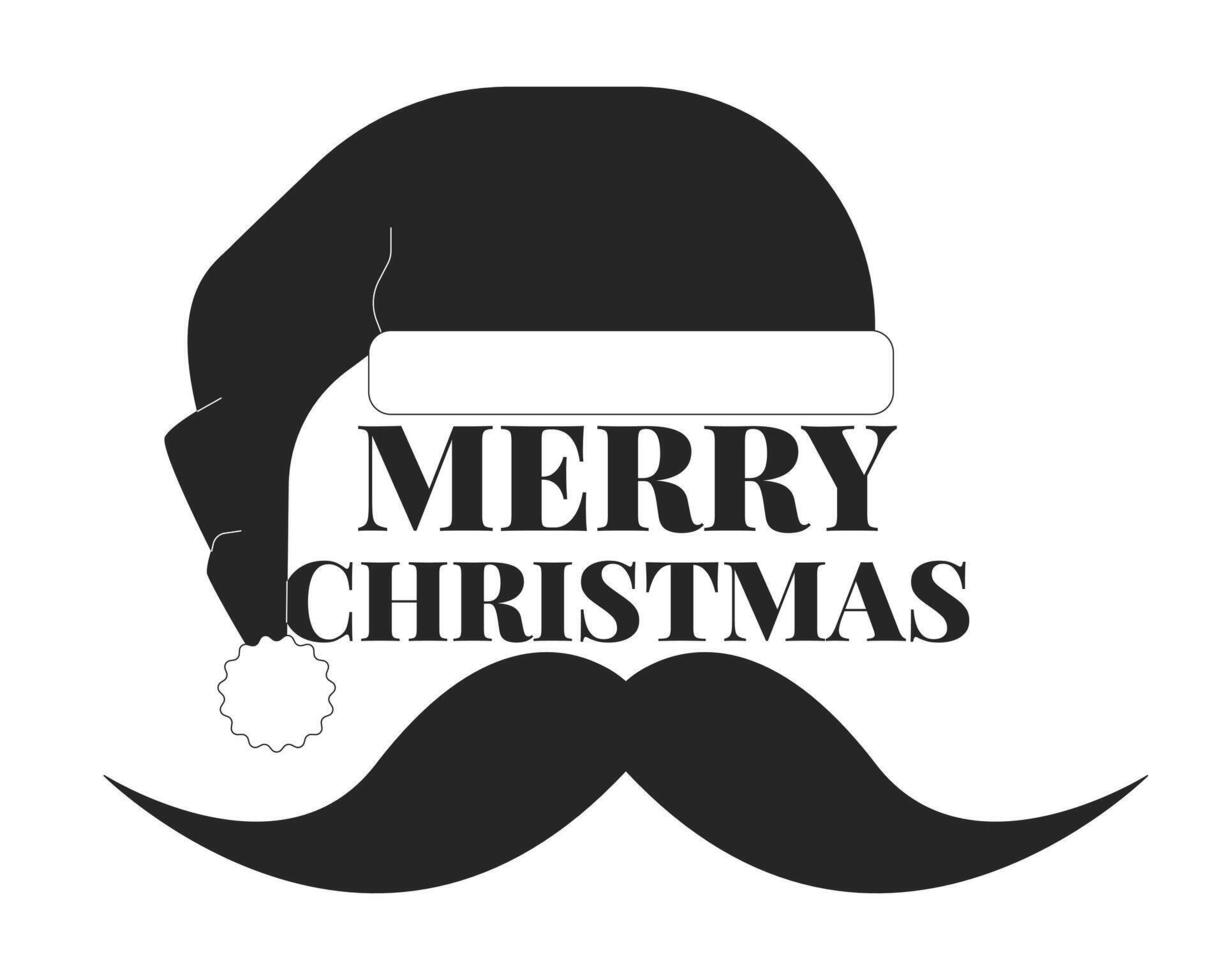 Merry Christmas Santa Claus mustache black and white 2D illustration concept. Santaclaus dad moustache outline postcard isolated. Father funky funny Xmas Santa hat metaphor monochrome art vector