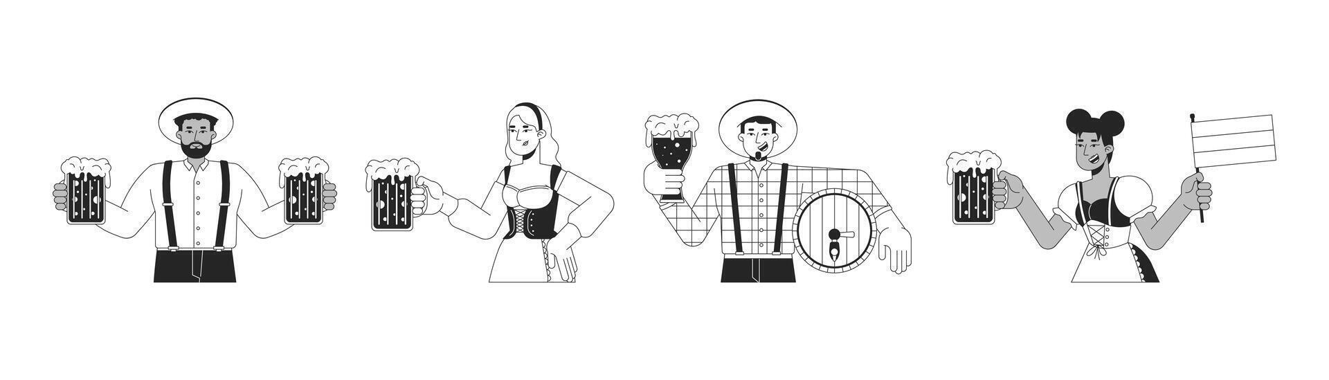 Diverse party guests enjoying oktoberfest black and white 2D line characters set. Positive adults with craft beer having fun isolated outline people. Monochrome spot illustrations collection vector