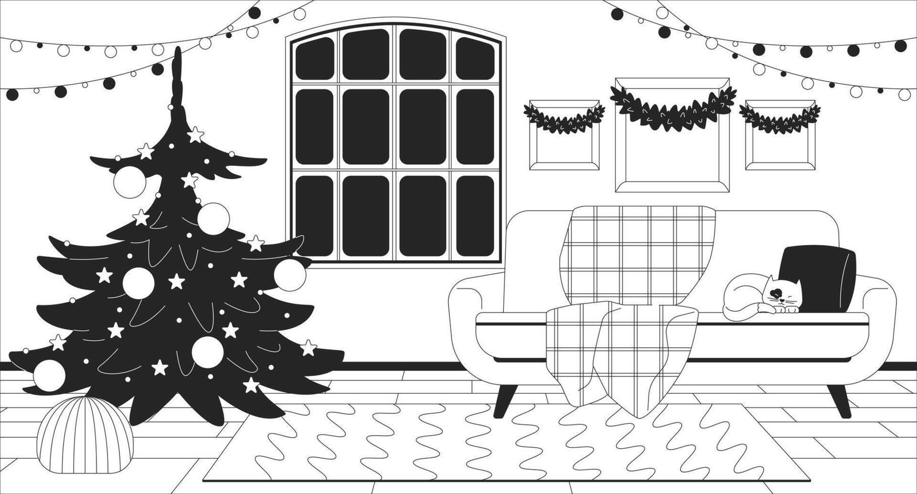 Cozy Christmas house indoors black and white line illustration. Xmas tree, holly garlands, sofa with sleeping cat 2D interior monochrome backdrop. Yuletide festive living room scene image vector
