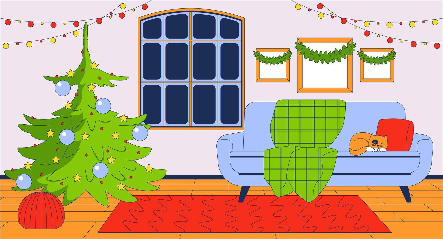 Cozy Christmas house indoors flat illustration. Xmas tree, holly garlands, comfortable sofa with sleeping cat 2D interior cartoon background. Yuletide festive living room apartment scene image vector