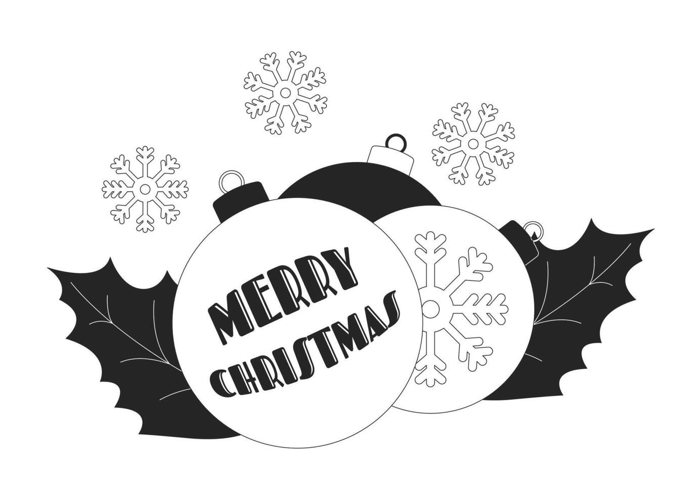 Merry Christmas baubles holly snowflakes black and white 2D illustration concept. Congratulations Xmas ornaments outline postcard isolated. Yuletide festive balls metaphor monochrome art vector