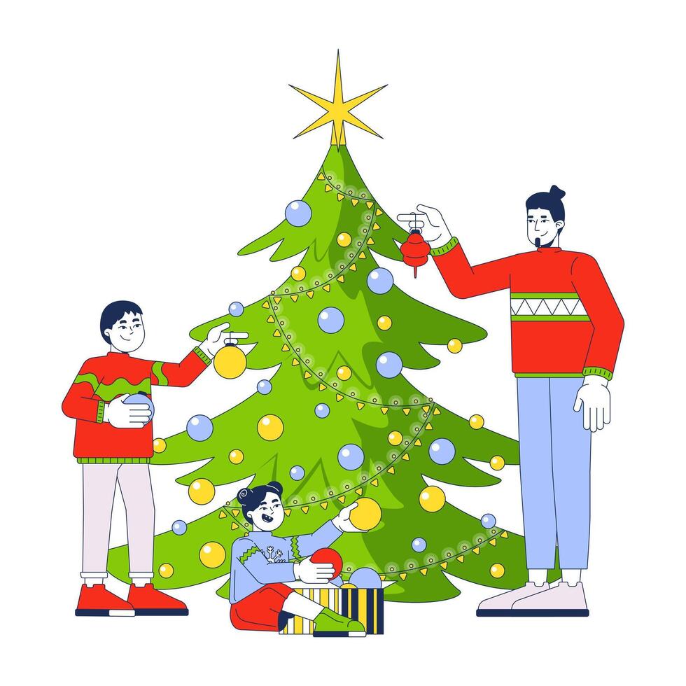 Family decorating Christmas tree together cartoon animation. Xmas tradition home 4K motion graphic. Father and kids hanging baubles ornaments animated 2D characters isolated on white background vector