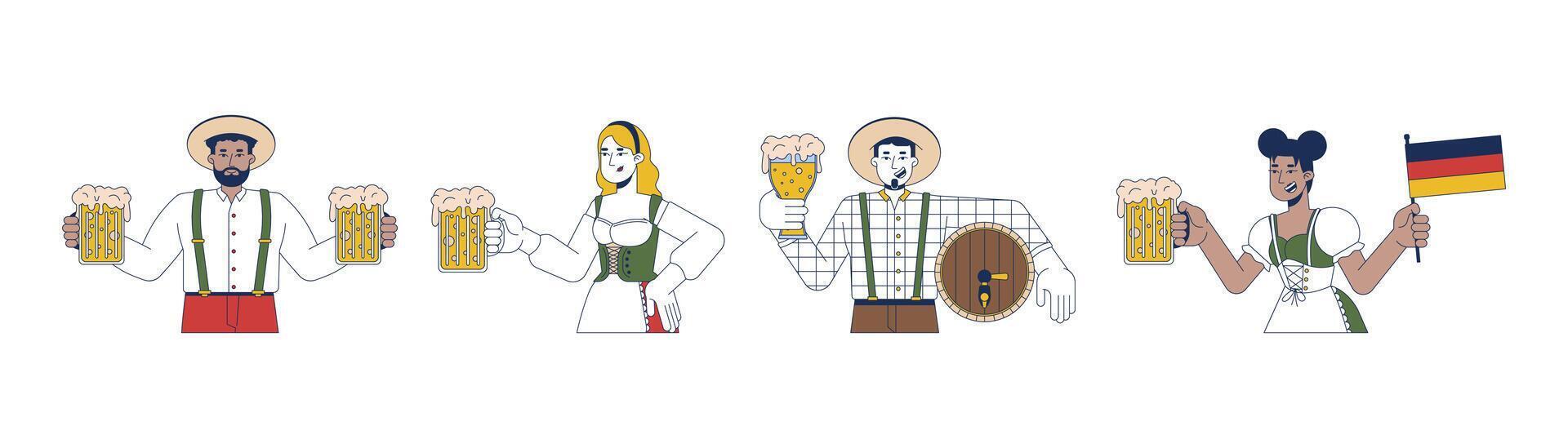 Diverse party guests enjoying oktoberfest 2D cartoon characters set. Positive adults with craft beer having fun isolated people flat on white background. Spot illustrations collection vector