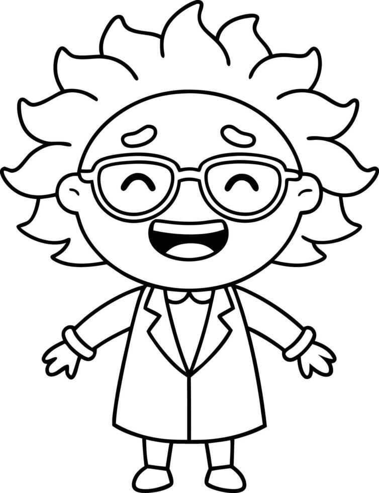 Cute Cartoon Scientist with Wild Hair and Glasses, Black and White Line Art Illustration vector