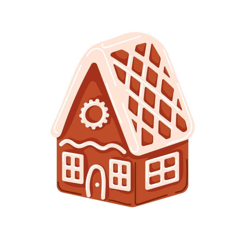 Gingerbread house cookie with icing glazed roof in cartoon style. Christmas pastries design for greeting card. New Year sweet isolated on a white background. vector