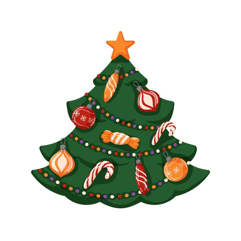 Christmas tree with colorful ball, garland light, golden star in cartoon style. Spruce, evergreen tree design for greeting card, poster, invitations isolated on a white background. vector