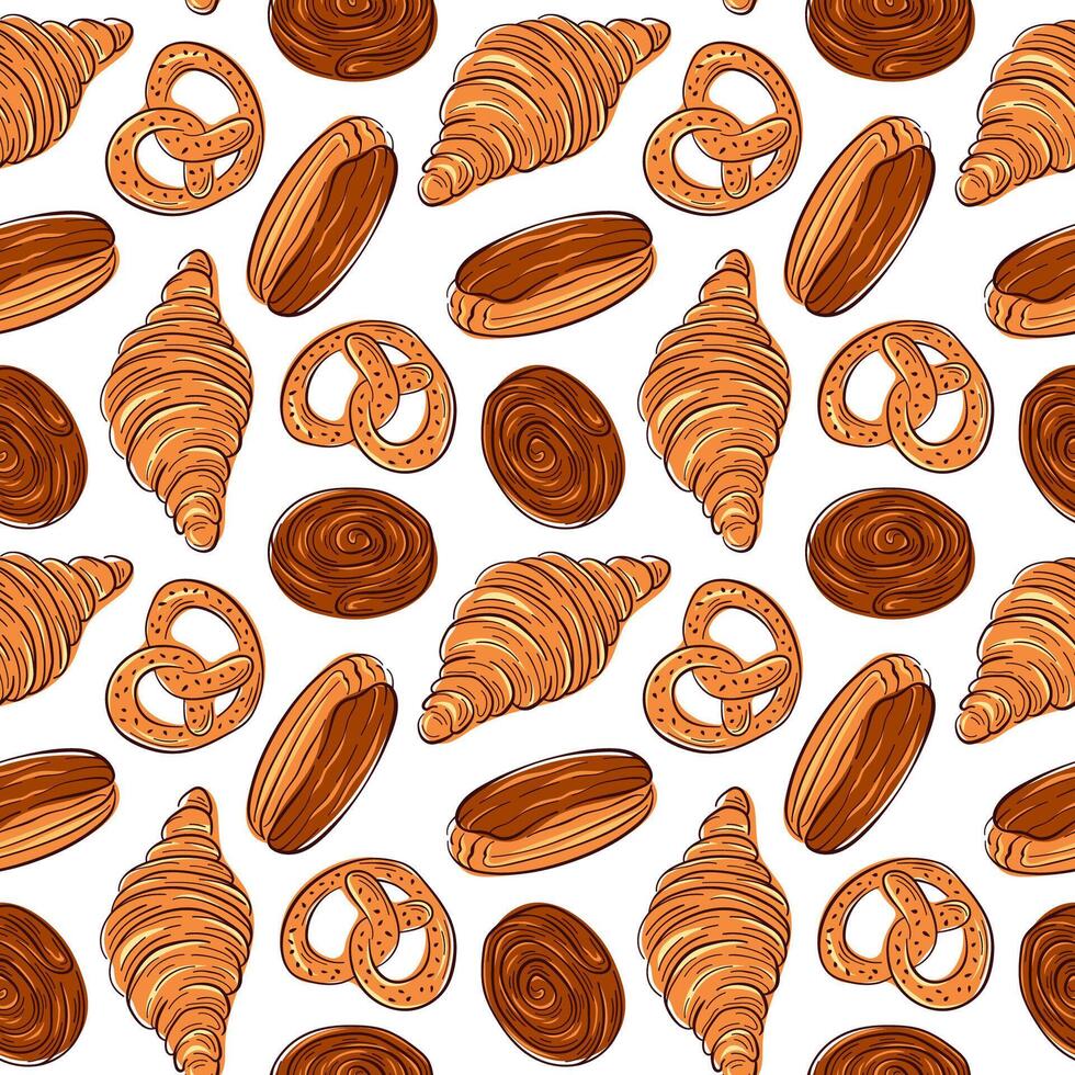 Seamless pattern with croissant, pretzel, eclair, cinnamon roll. Design for bakery, backgrounds packaging, and food projects. Cartoon style. vector