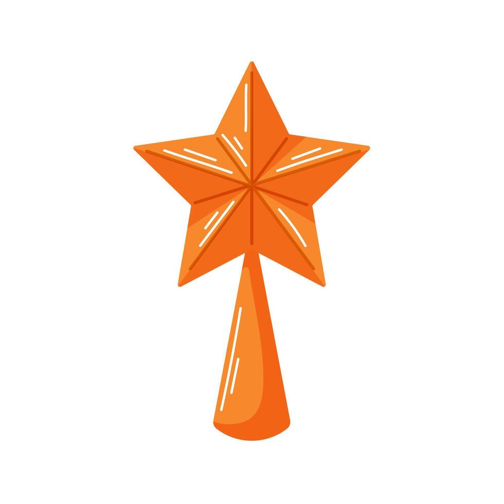 Star decoration for Christmas tree topper with a cone shaped base in cartoon style. The shiny festive star isolated on a white background. vector