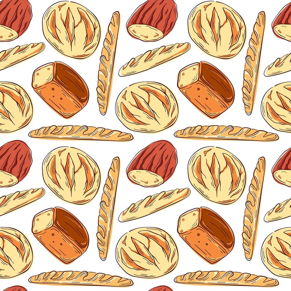 Seamless pattern with various bread types like loaves, baguettes, and round breads in line art style. Perfect background for bakery designs, packaging, wallpapers, and food related projects. vector