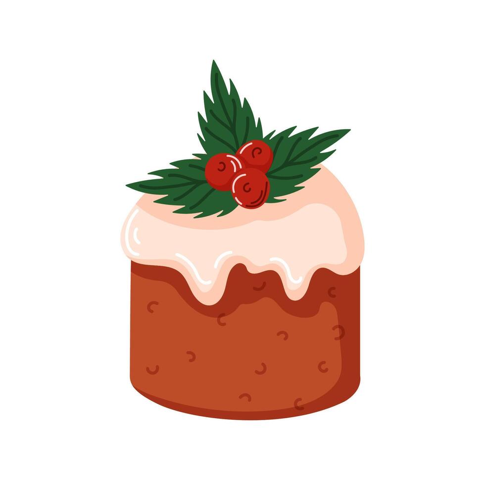 Festive Christmas cake topped with white icing, holly leaves and red berries in cartoon style. Ideal for holiday design, greeting card or seasonal culinary menu. Isolated on a white background. vector