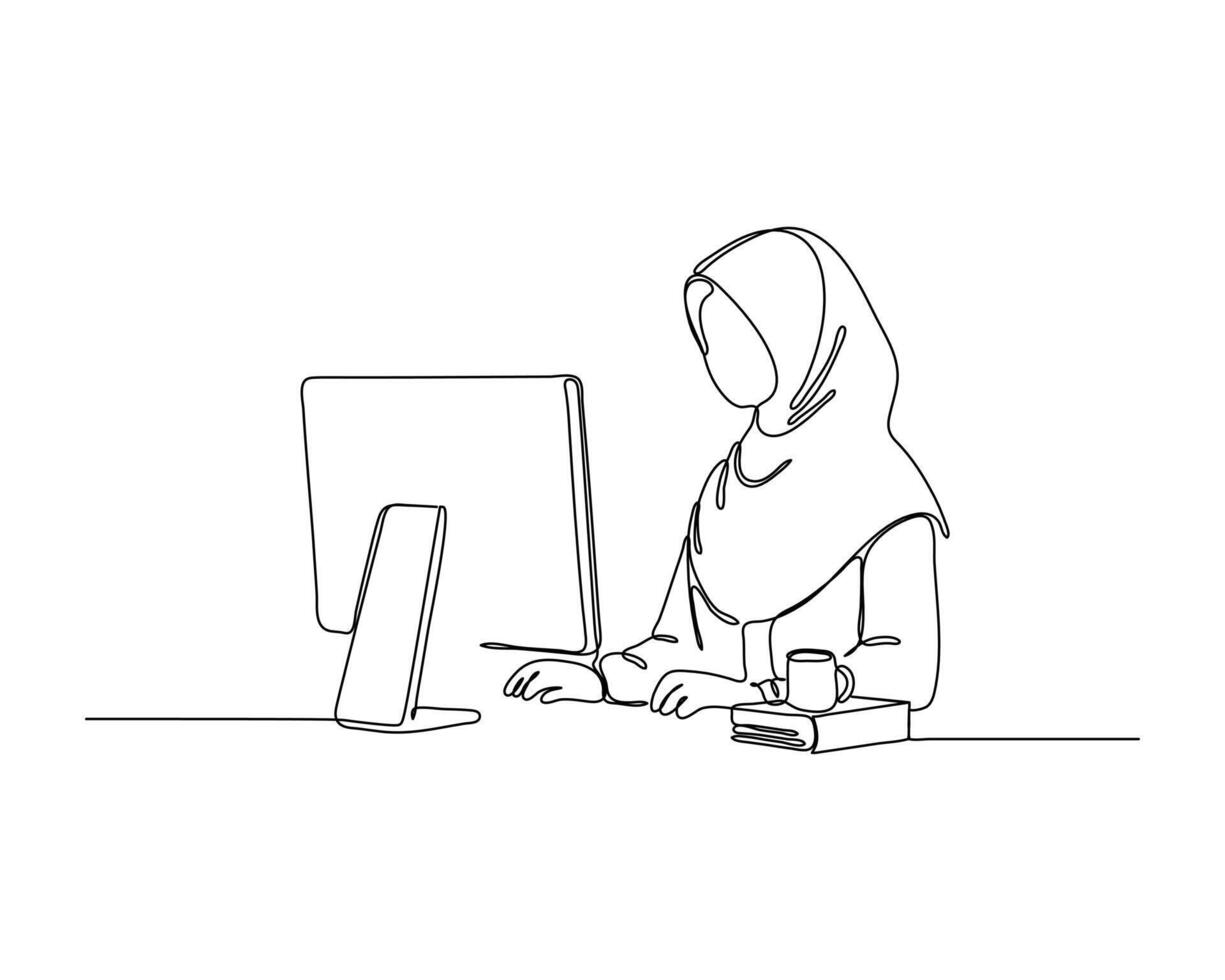 Line drawing of a muslim young female wearing a hijab, sitting at a desk using a desktop computer, symbolizing modern work or study environments with inclusivity. Continuous hand drawn style vector