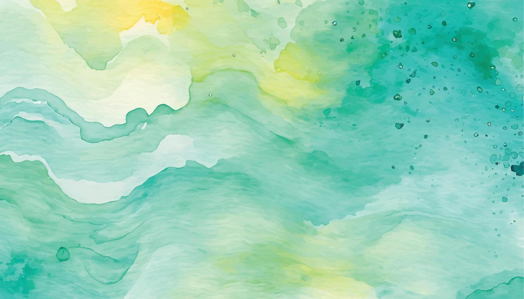 Abstract watercolor painting with green, yellow, and blue hues forming wavy patterns and speckles, evoking tranquility and natural beauty. vector