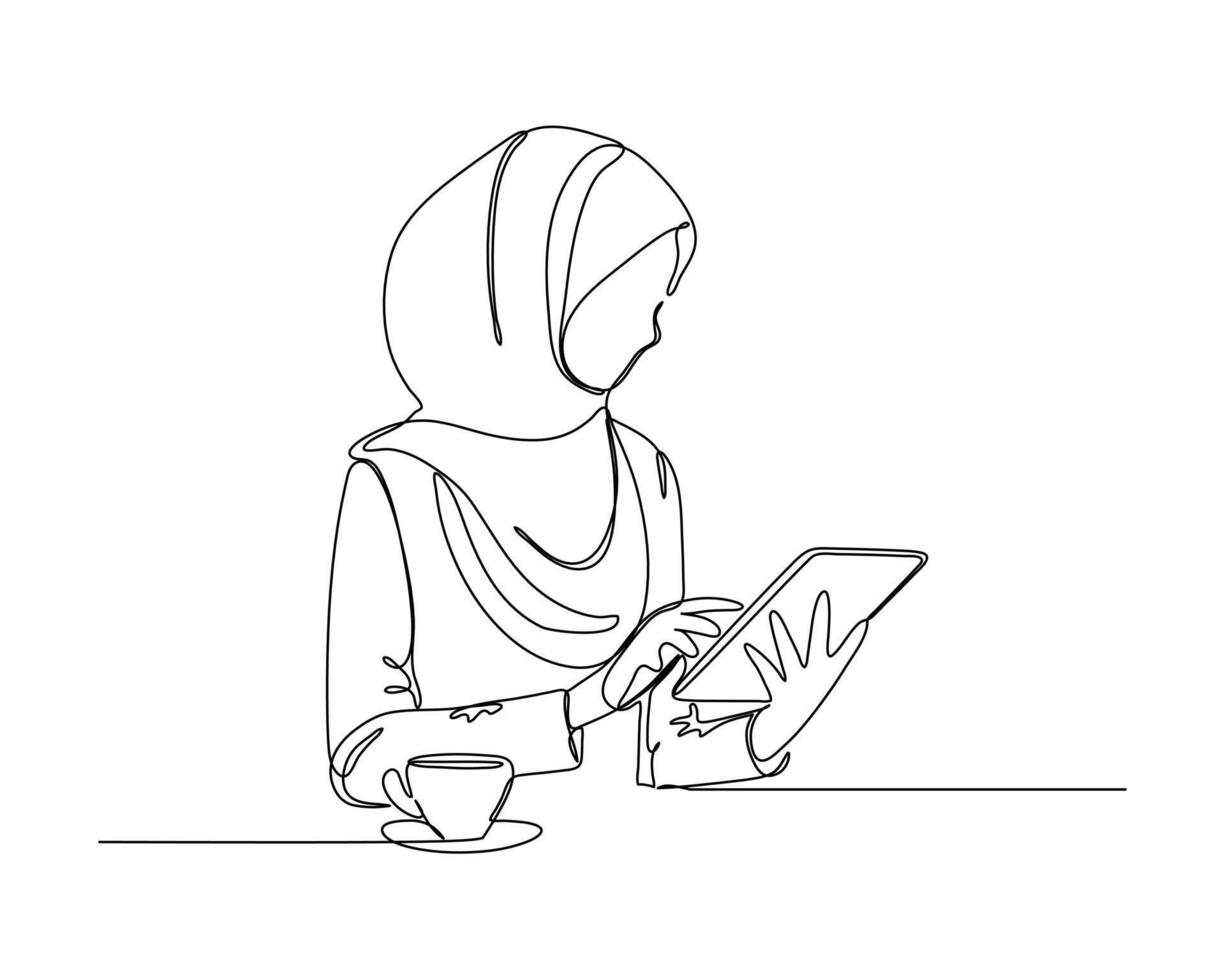 Line drawing of a female muslim wearing a hijab, sitting at a table with a cup of coffee and interacting with a tablet, symbolizing modern technology use and inclusivity. vector