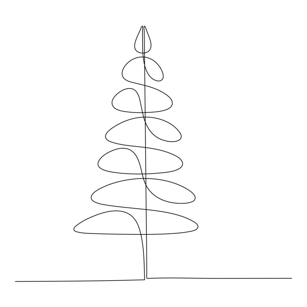 Continuous line drawing of a Christmas tree with symmetrical loops for branches and a pointed top. Simple hand drawn style on white background for nature and environment illustration vector