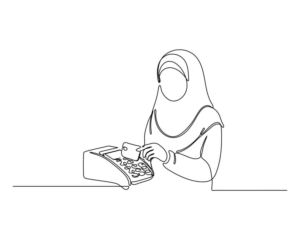 a young Muslim young woman pays bill using credit card on a post machine, symbolizing use of technology in shopping. Modern lifestyle illustration continuous line drawing vector