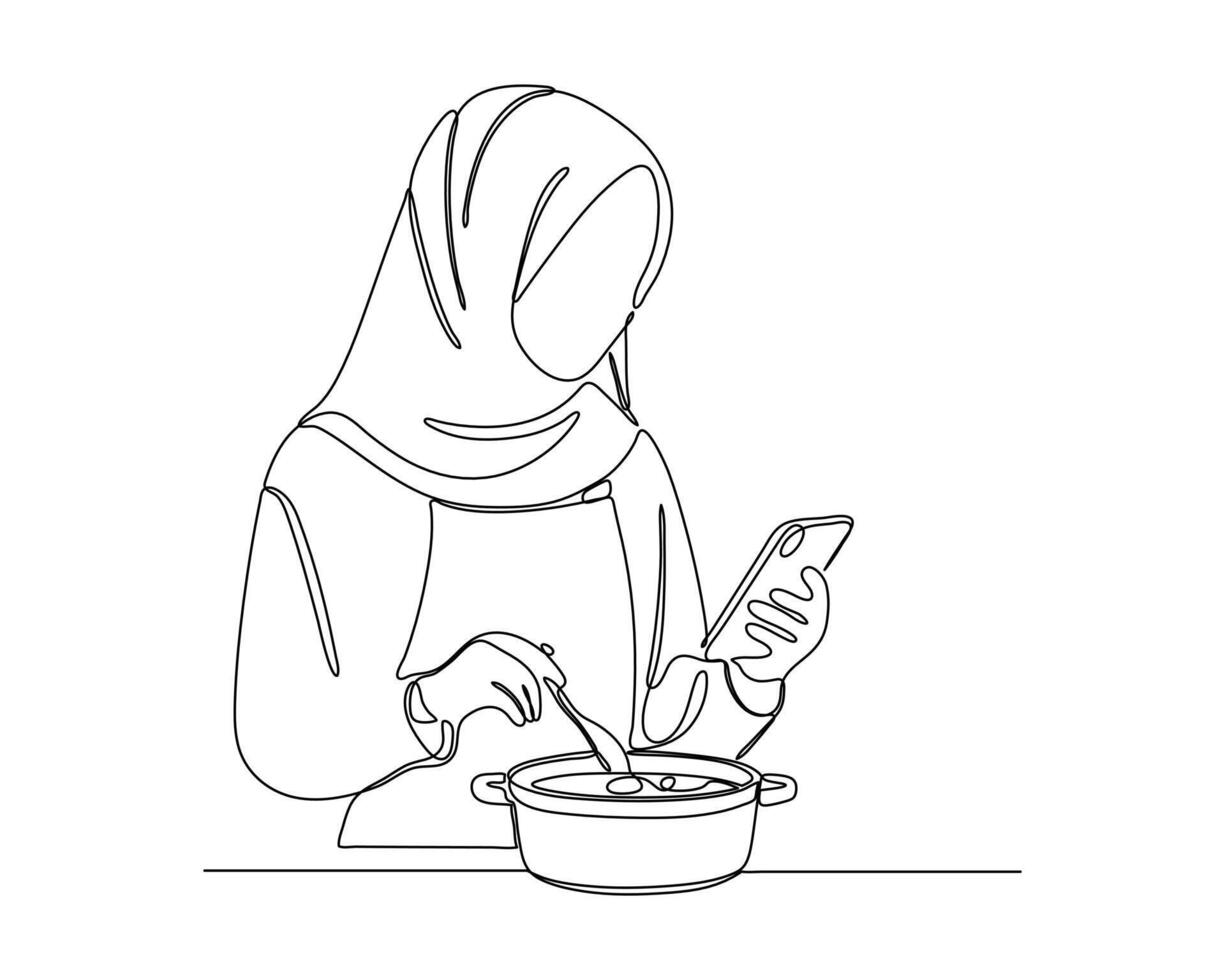 Line drawing of a person wearing headphones and a hijab, cooking while looking at the mobile phone, symbolizing modern lifestyle and inclusivity. vector