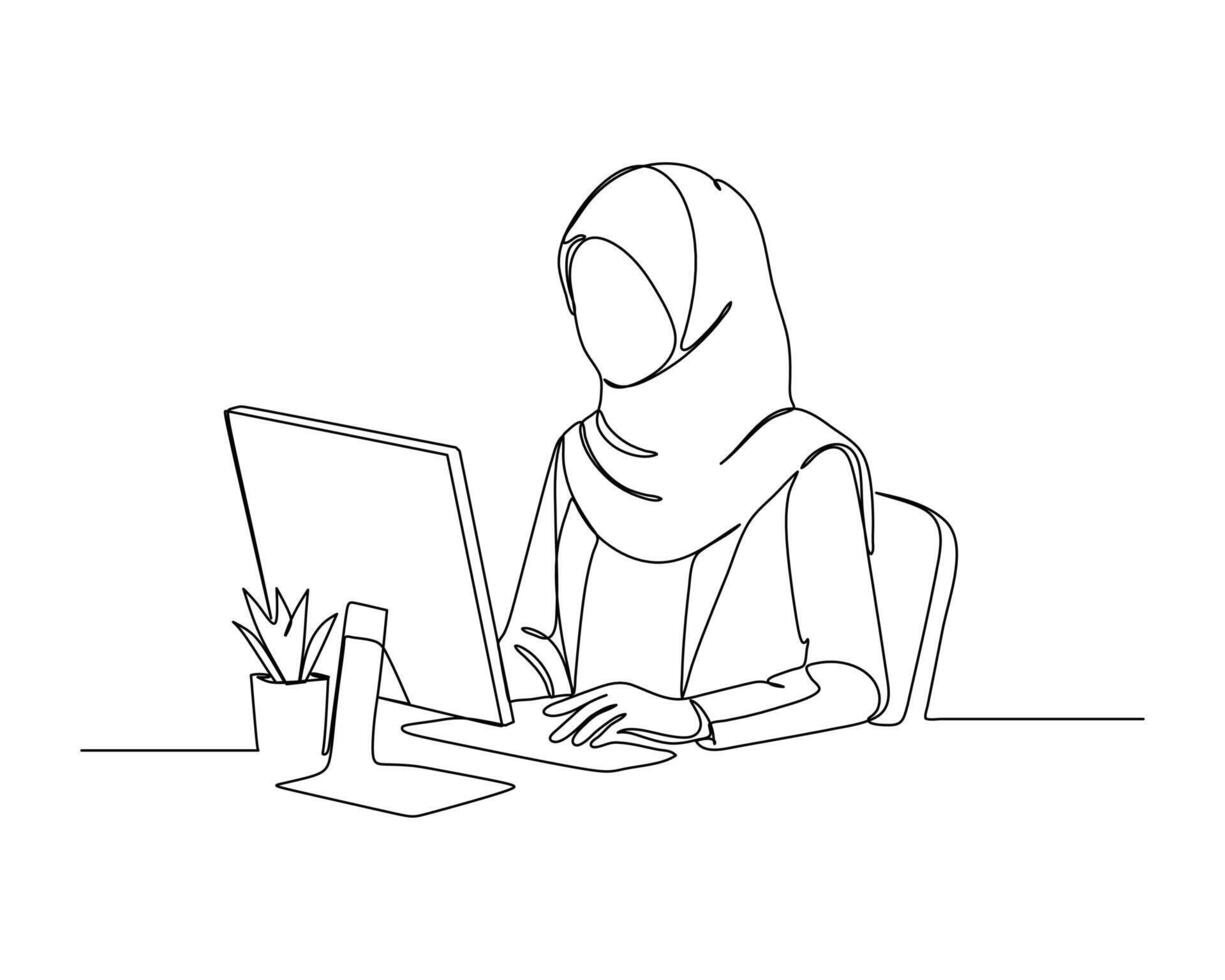 Line drawing of a person wearing a hijab, sitting at a desk and working on a desktop pc, symbolizing modern technology work and study environments with inclusivity. vector