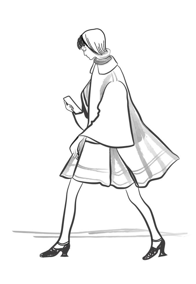 Young woman walking and using a smartphone in the street. Busy with phone, talking on mobile phone vector