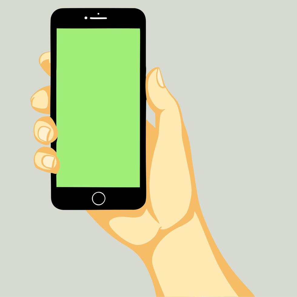 Hand Holding a Smartphone. A hand holds a smartphone with a green screen against a gray background. vector