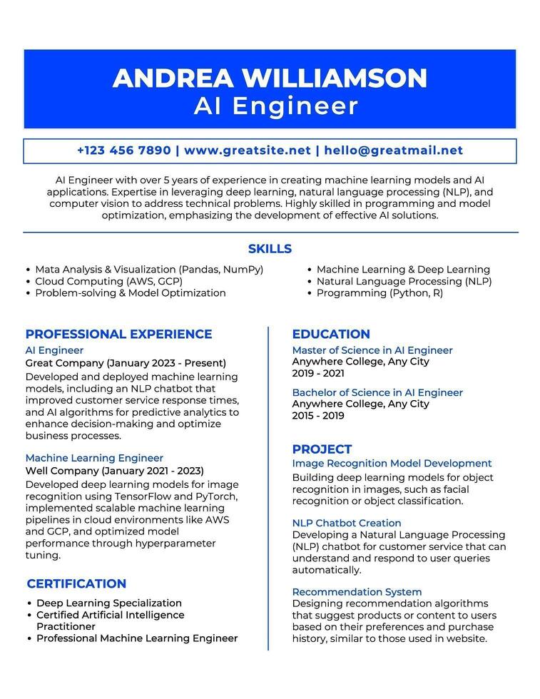 Minimalist Resume AI Engineer ATS Friendly template