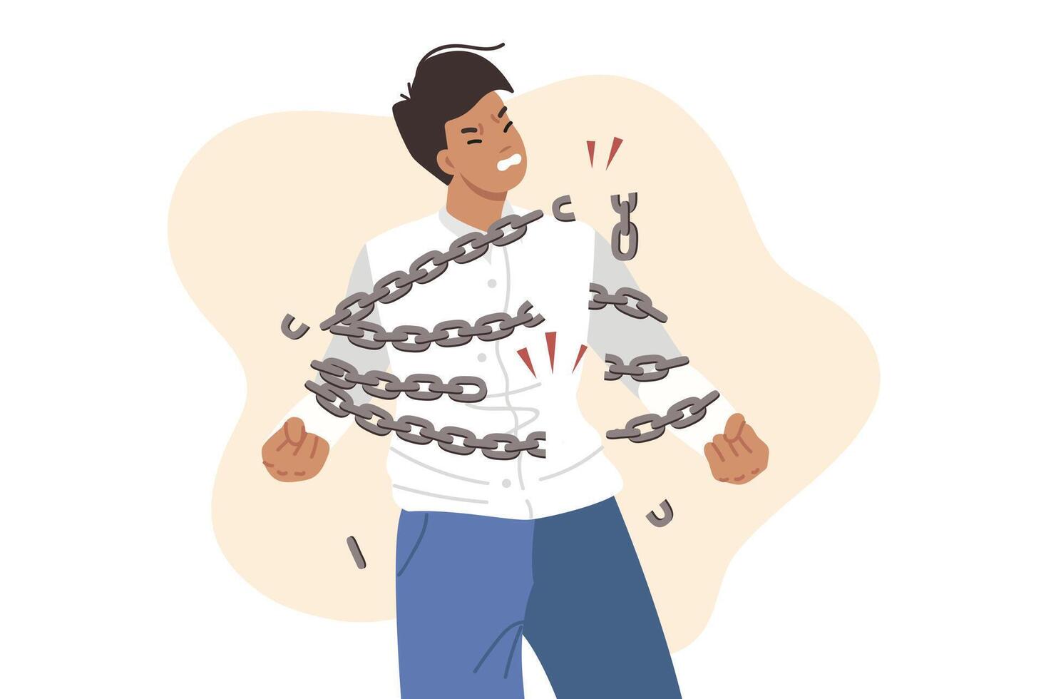 Brave man breaks chains symbolizing NDA contract in business, wanting to restore own rights vector