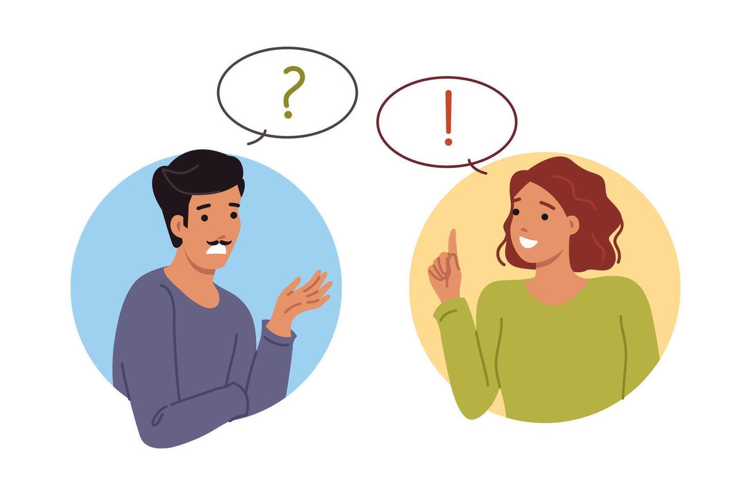 Conversation man and woman discussing important question together to find correct answer vector
