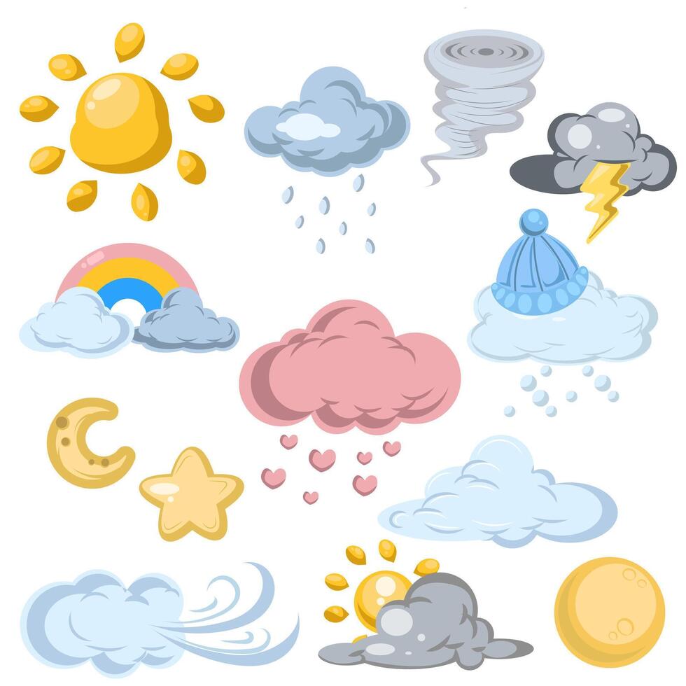 Bright Colorful Cartoon Weather Illustrations Set vector