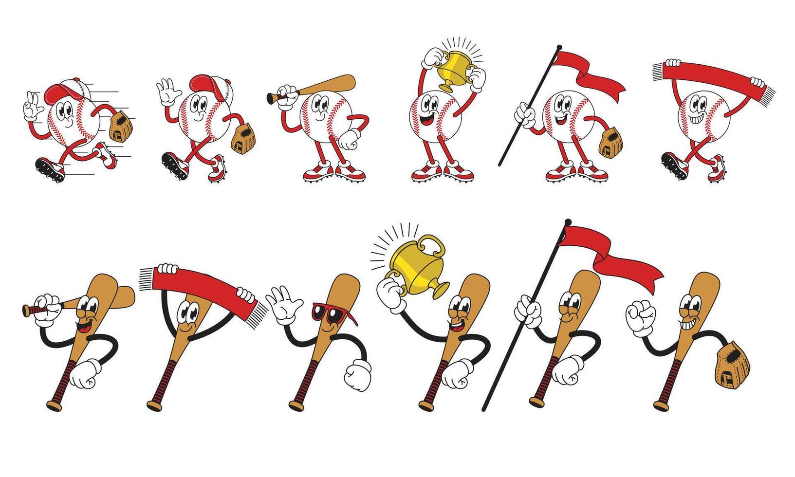 Set of Happy Baseball Ball and Bat Mascot Cartoon Character vector