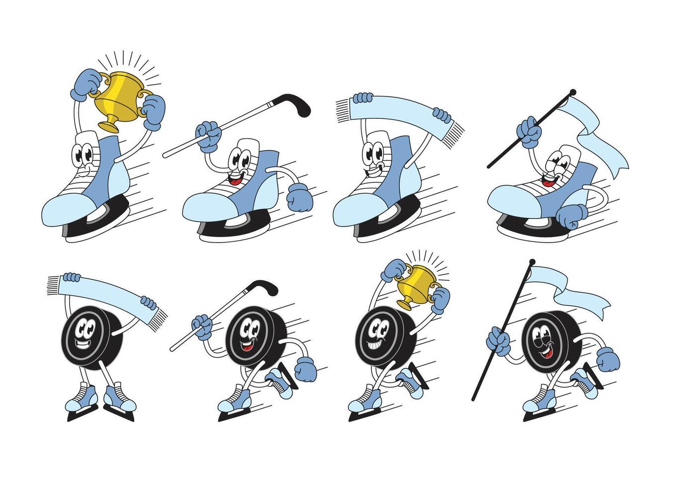 Happy Ice Hockey Shoe and Puck Cartoon Character Set Collection vector
