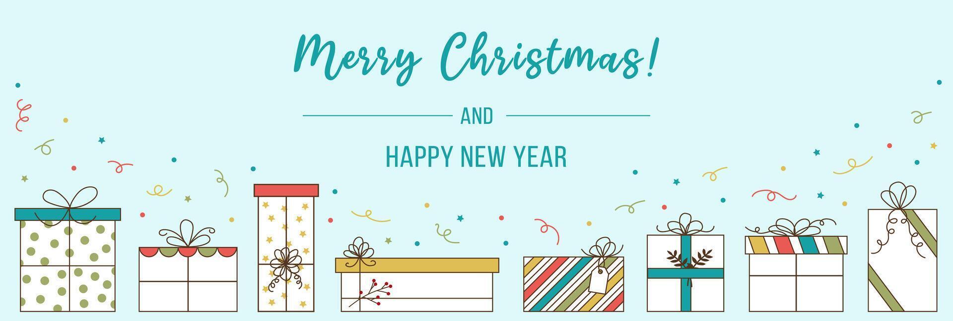 Christmas background. Merry Christmas wishes banner template with gift boxes. Modern flat design vector