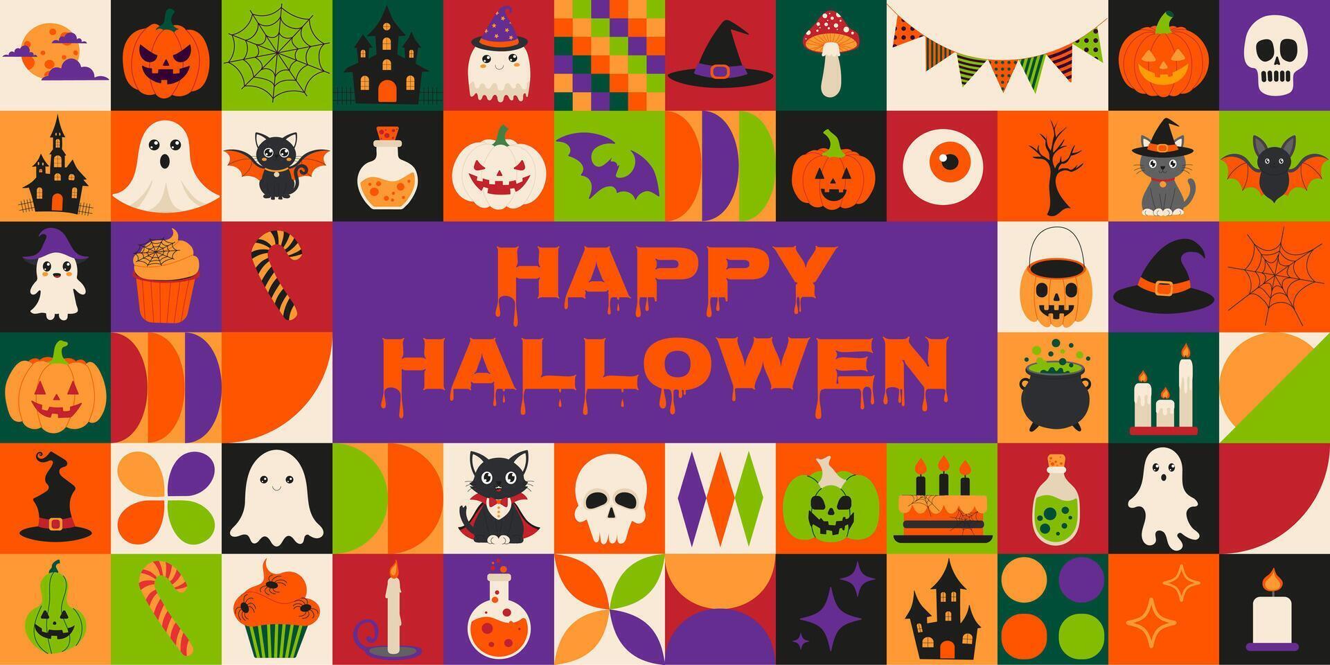 A colorful poster with Halloween decorations and a message that reads Happy Halloween. The poster features a variety of Halloween-themed images, including pumpkins, ghosts, witches vector