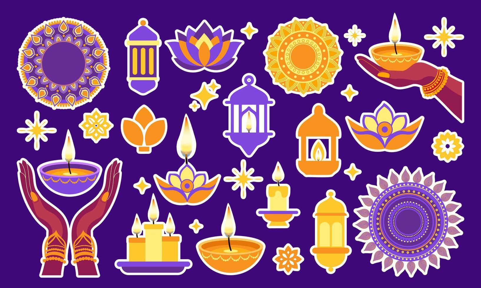 Happy Diwali stickers set. A collection of colorful stickers with various symbols and designs, including a hand holding a candle and a flower vector